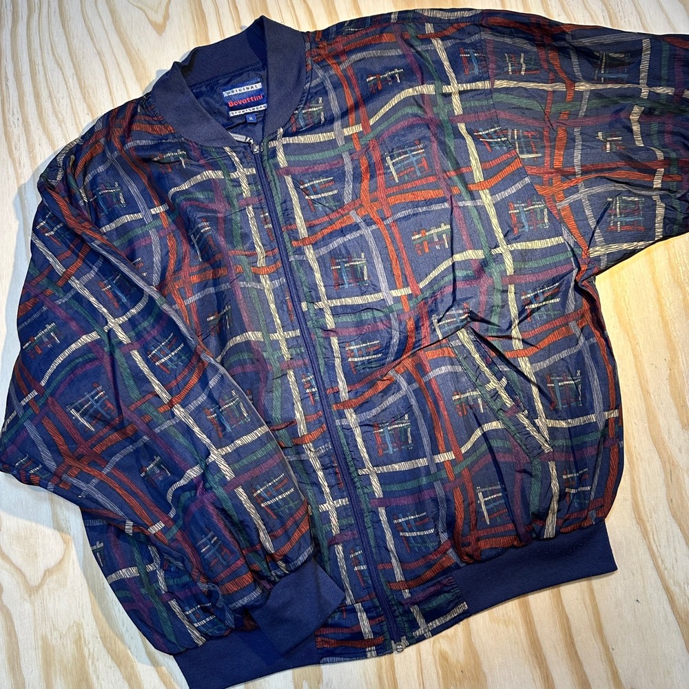 Bovattini Mens XL Blue Multi Geometric Grid Full Zip Bomber Windbreaker Jacket